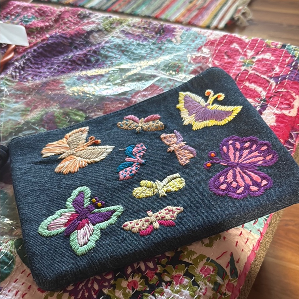 Raj LA Crewel Embroidered Butterfly Jean Clutch NWOT